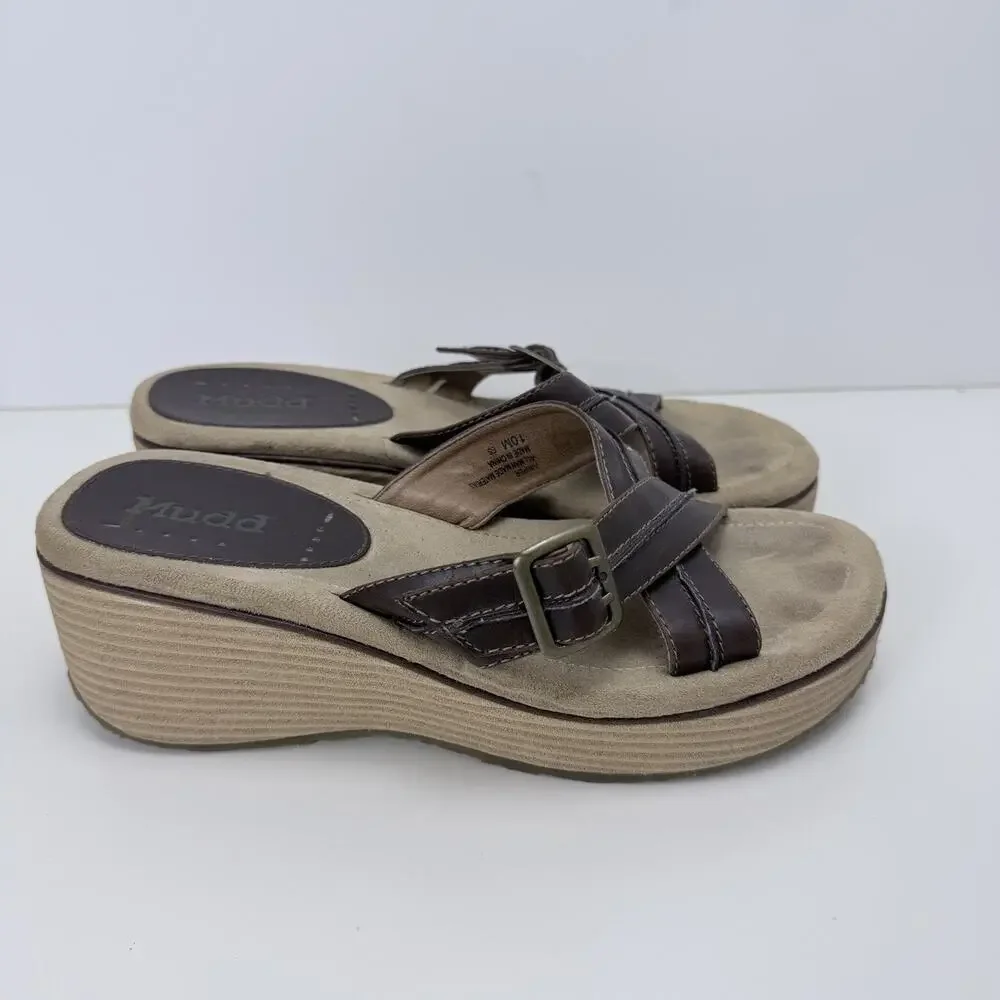 Vintage 00s Y2K Mudd Brown Faux Leather Wedge Strappy Sandals 10M